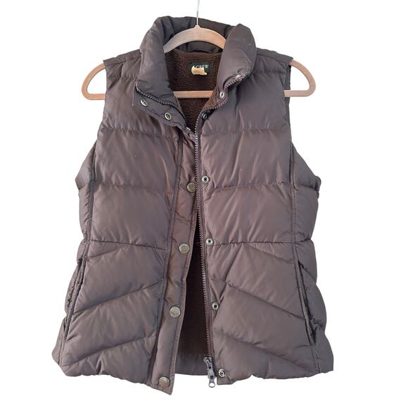 J Crew Puffer Vest Womens Medium Brown Snap and Zip Up Collared Faux Fur Lined - Picture 1 of 7